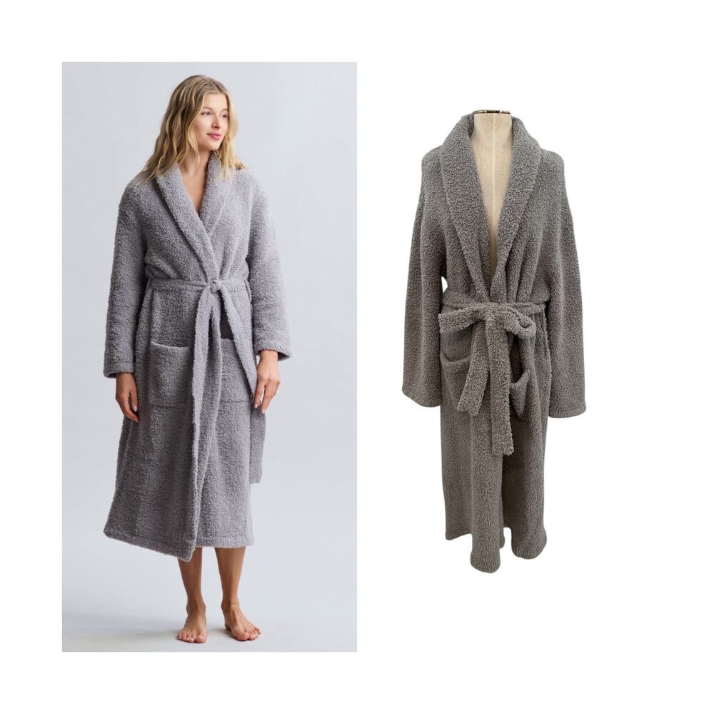 Barefoot Dreams CozyChic Robe Gray‎ Belted Shawl Collar Plush Lounge L XL
